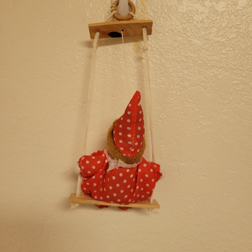 Small Porcelain Red Polka Dot Clown Doll on Swing - Picture 2 of 2